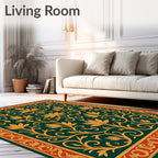 Golden Floral Vines on Dark Emerald Green Rug