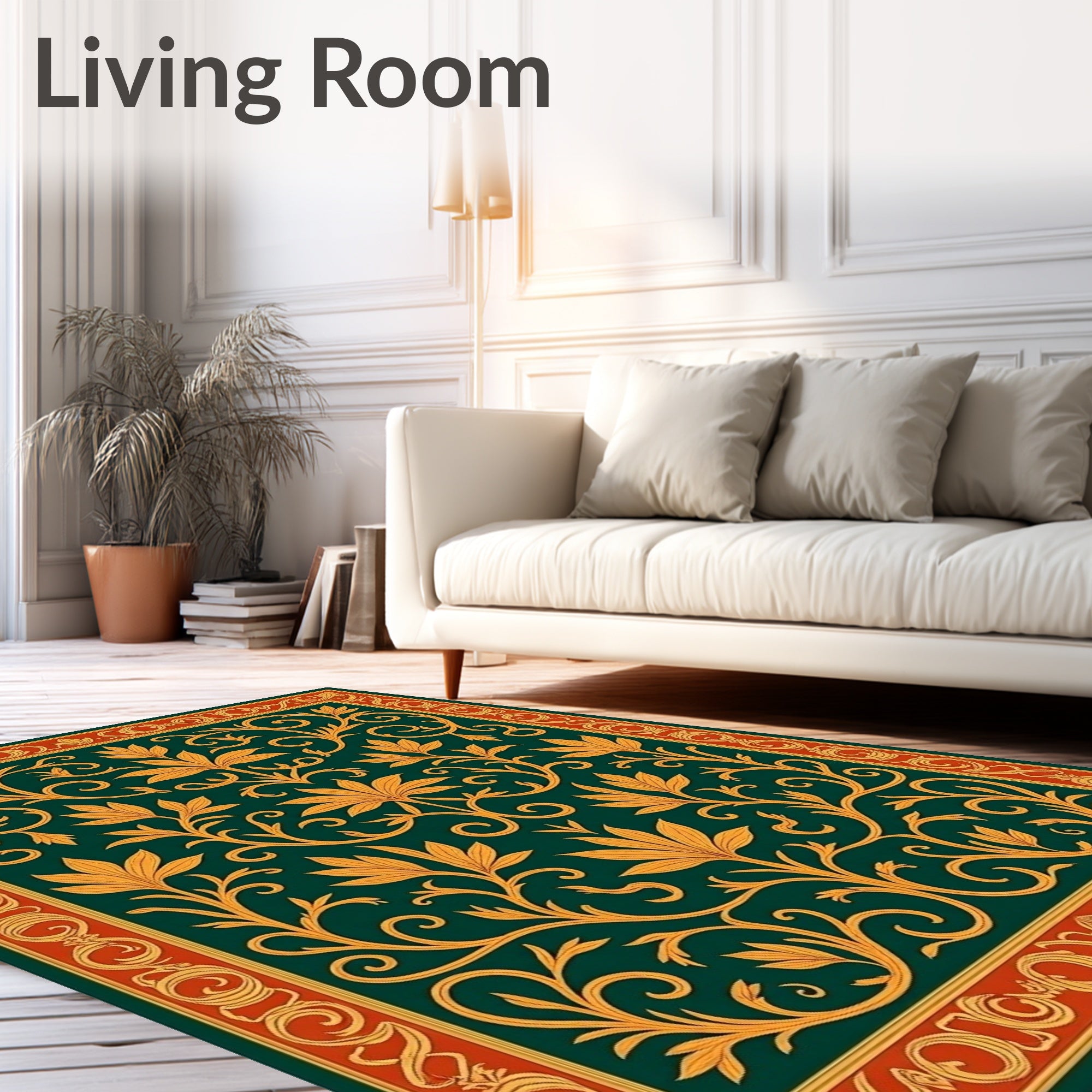 Golden Floral Vines on Dark Emerald Green Rug