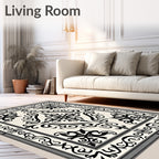 Classic Black White Scroll Medallion Rug