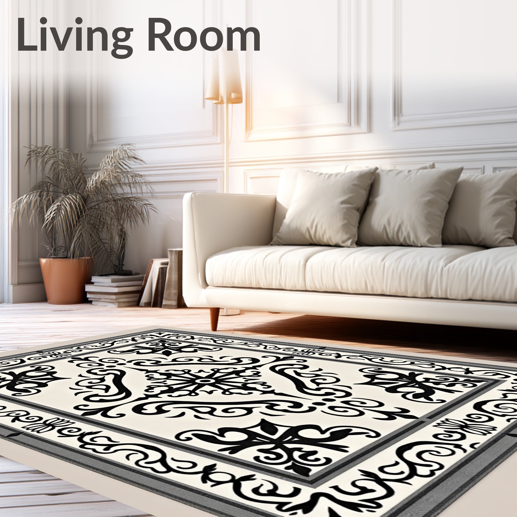 Classic Black White Scroll Medallion Rug