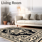 Antique Beige Black Medallion Frame Rug