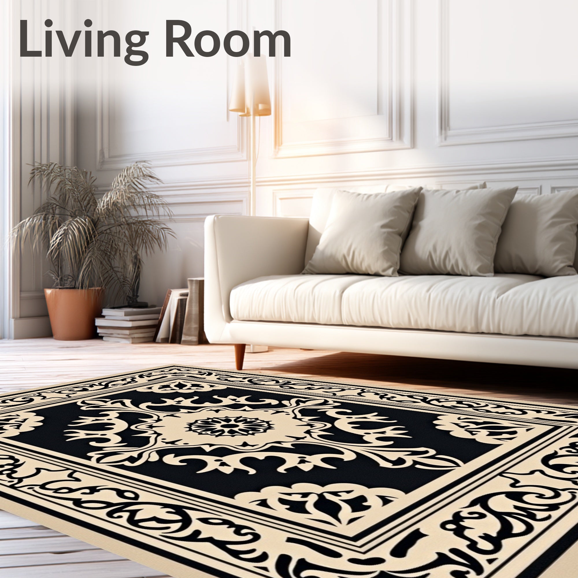 Antique Beige Black Medallion Frame Rug
