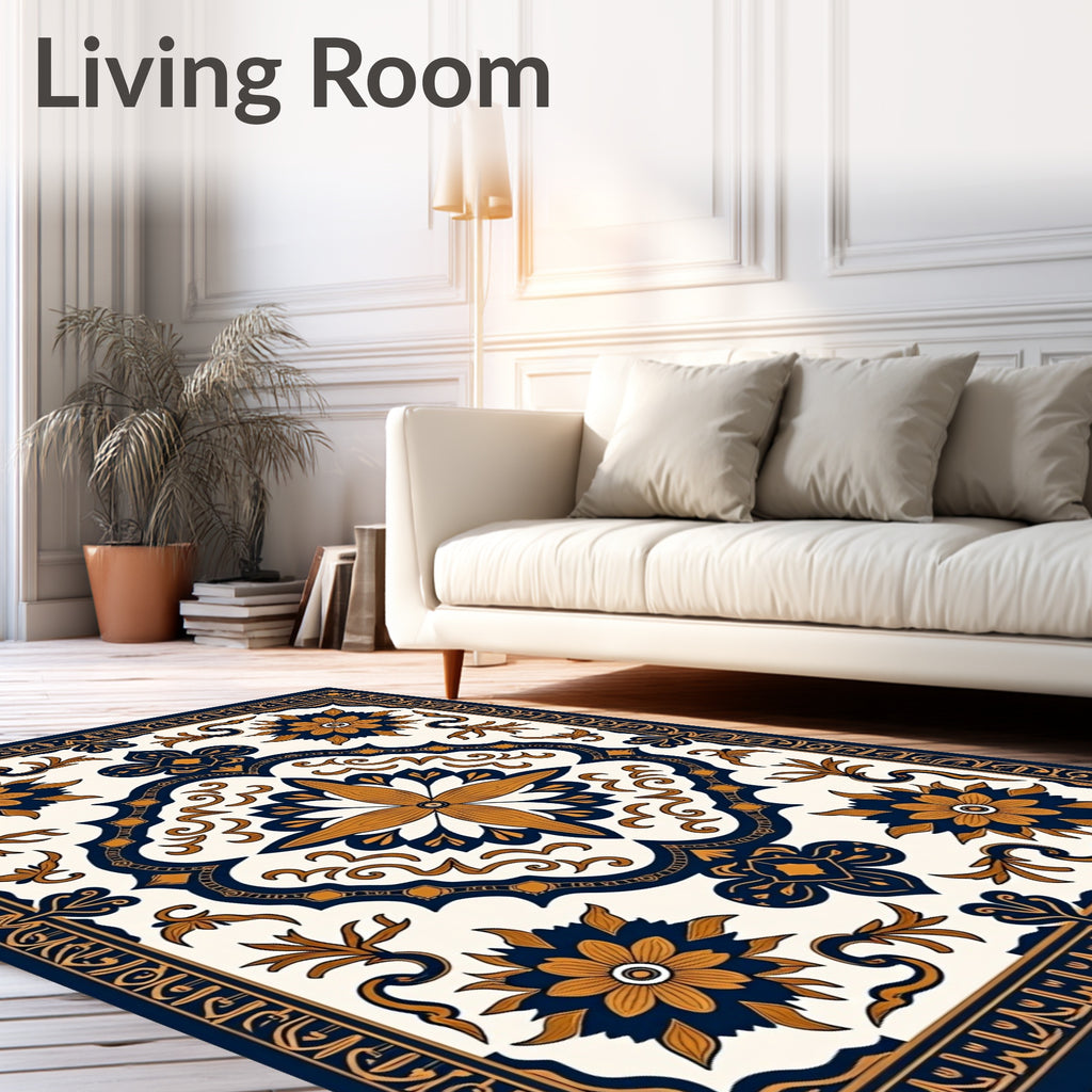 Navy Gold Floral Medallion Mandala Rug