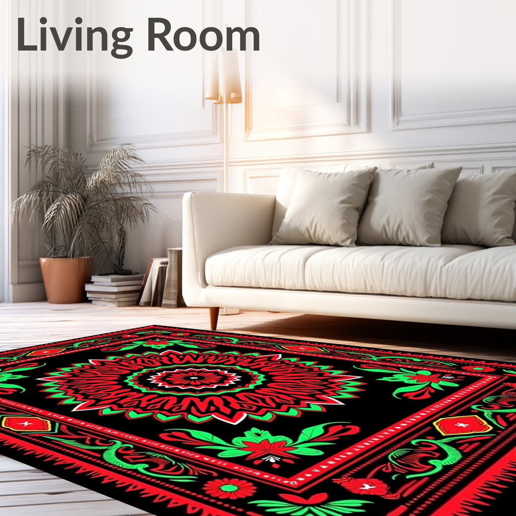 Bold Red Green Floral Mandala Tapestry Rug