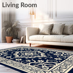 Dark Blue Cream Floral Medallion Border Rug