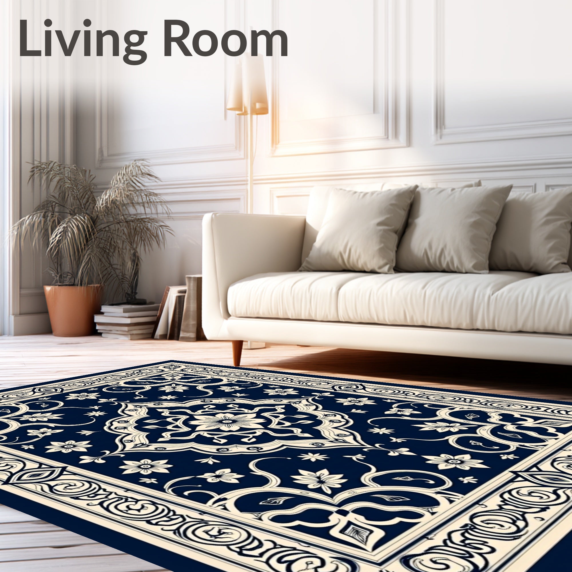 Dark Blue Cream Floral Medallion Border Rug