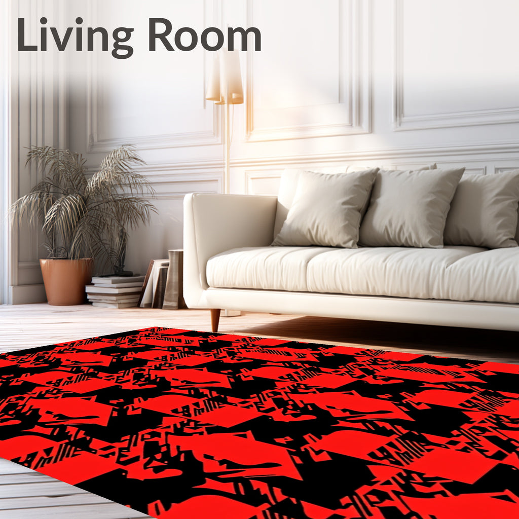 Bold Red Black Glitch Squares Rug