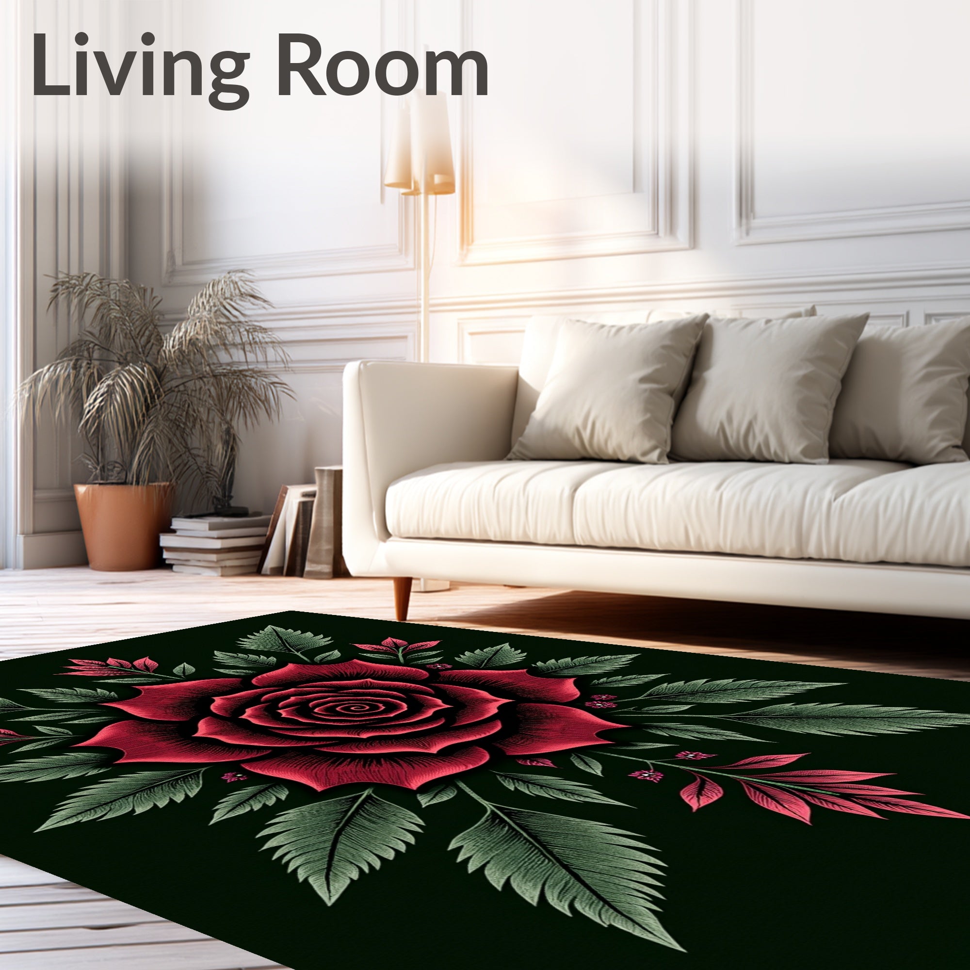 Crimson Rose Botanical Illustration Rug