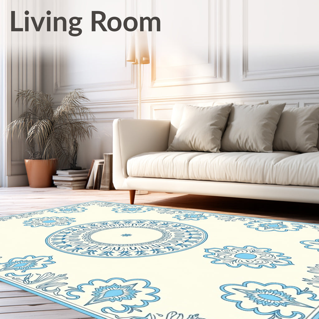 Cream Blue Medallion Floral Accent Rug