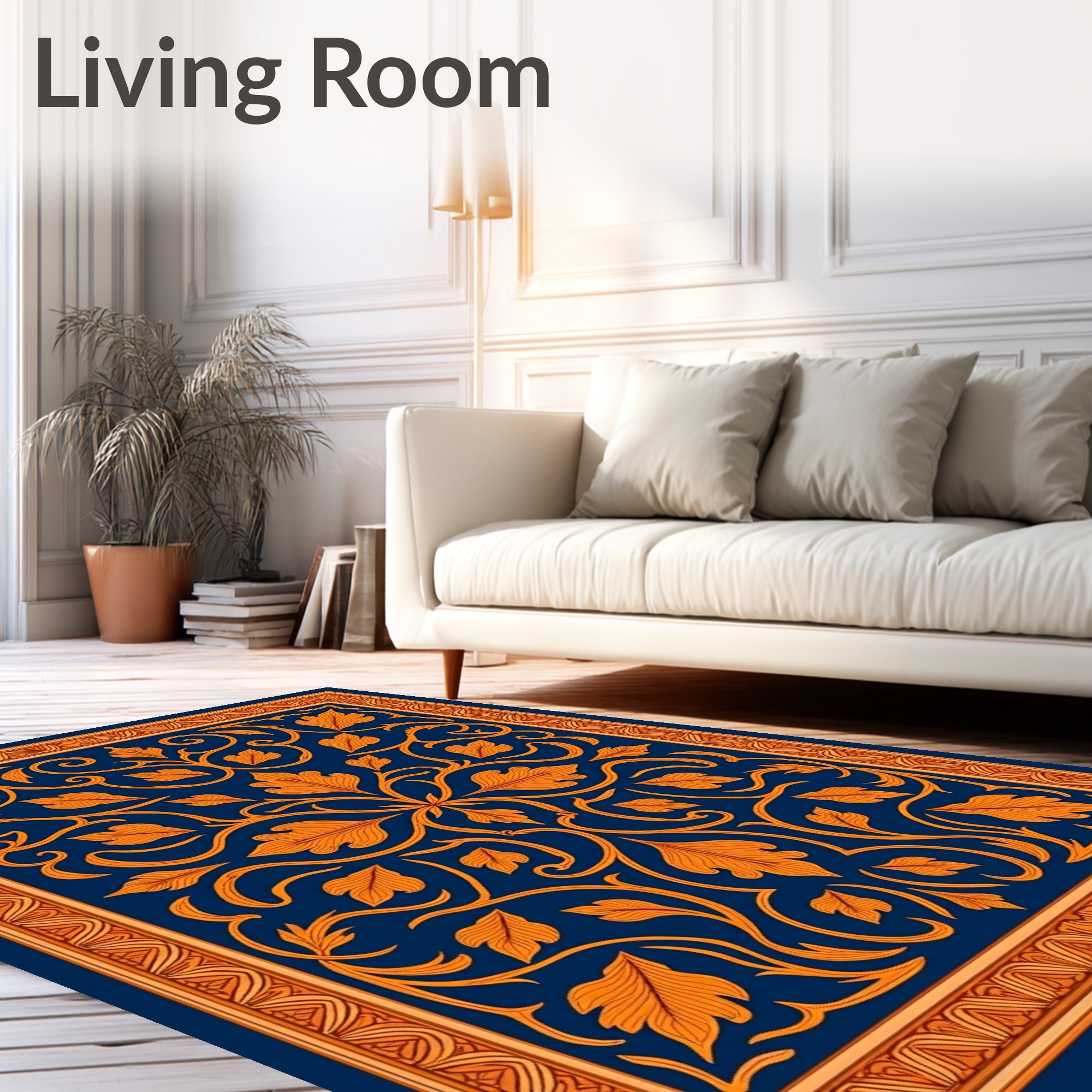 Golden Leaf Scrollwork Navy Rug