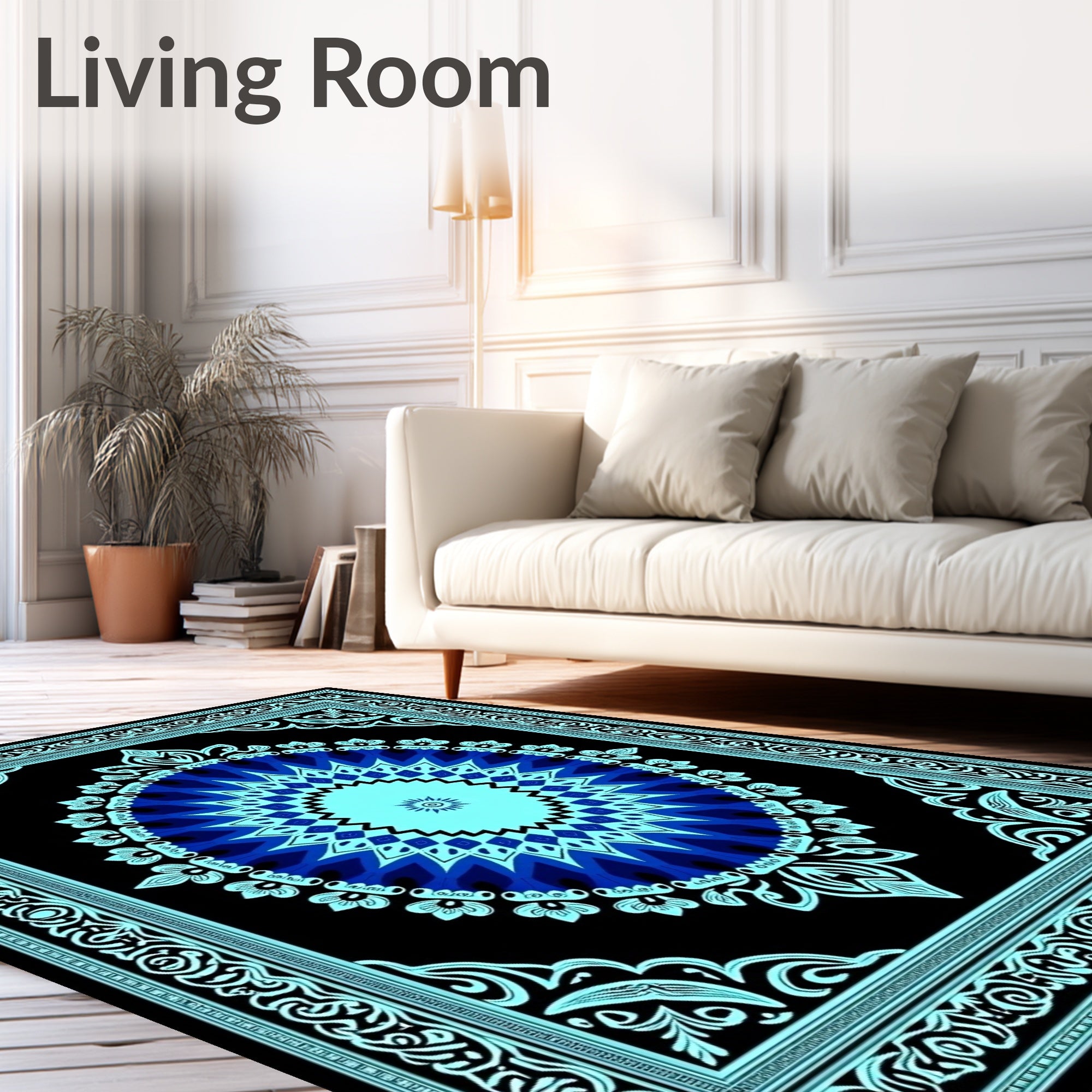 Electric Blue Medallion Black Border Rug