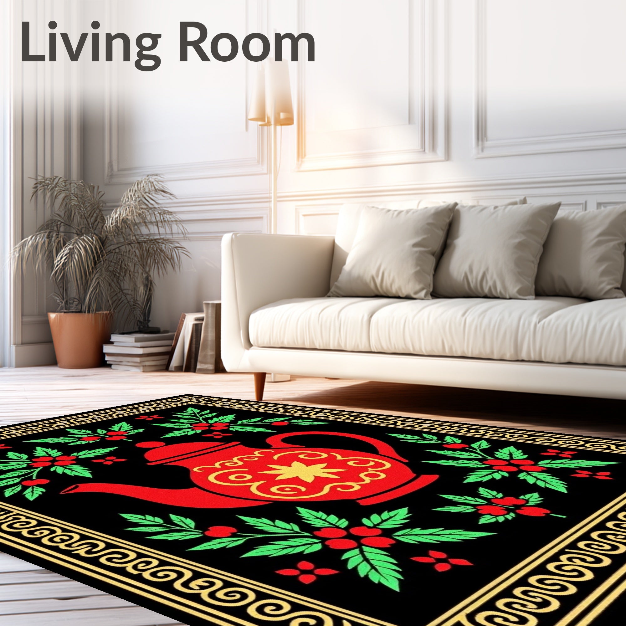 Red Teapot Folk Art Floral Arrangement Rug