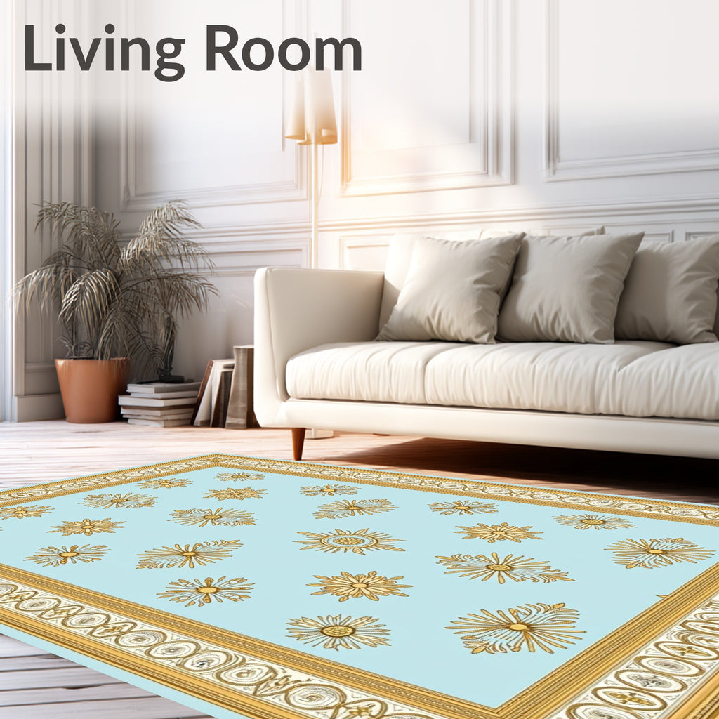 Pale Blue Golden Sunburst Medallion Border Rug