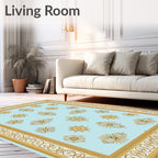 Pale Blue Golden Sunburst Medallion Border Rug