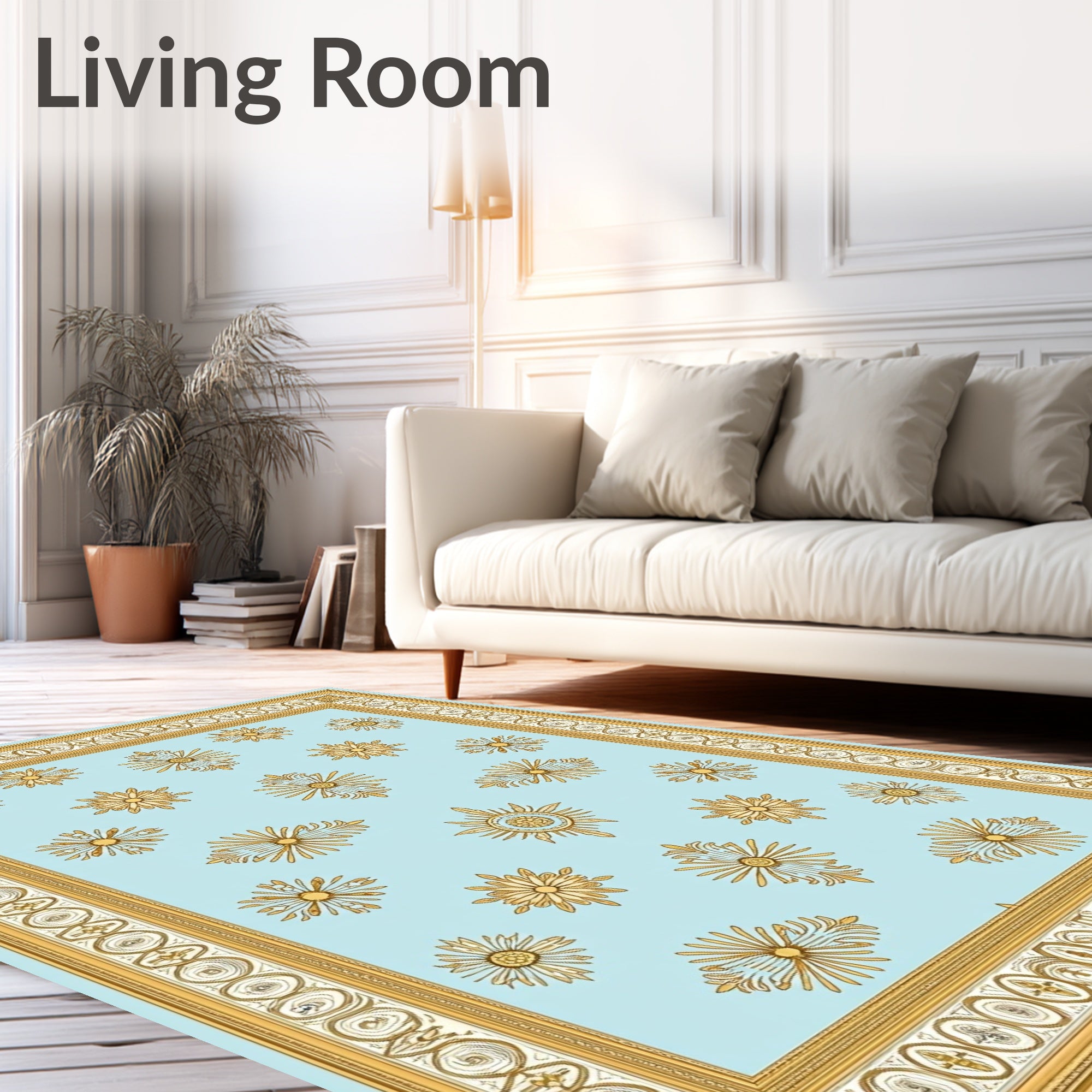 Pale Blue Golden Sunburst Medallion Border Rug