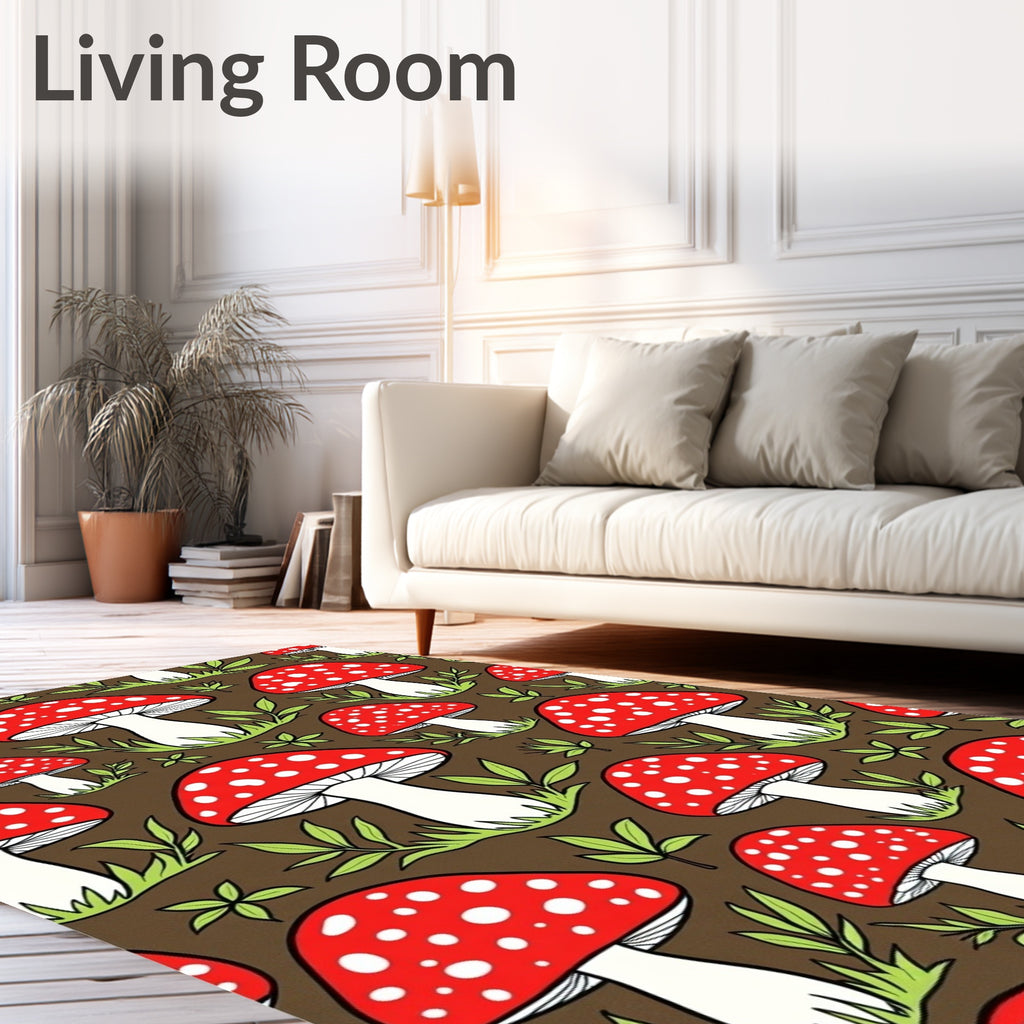 Red Mushroom Forest Whimsical Woodland Scene Rug