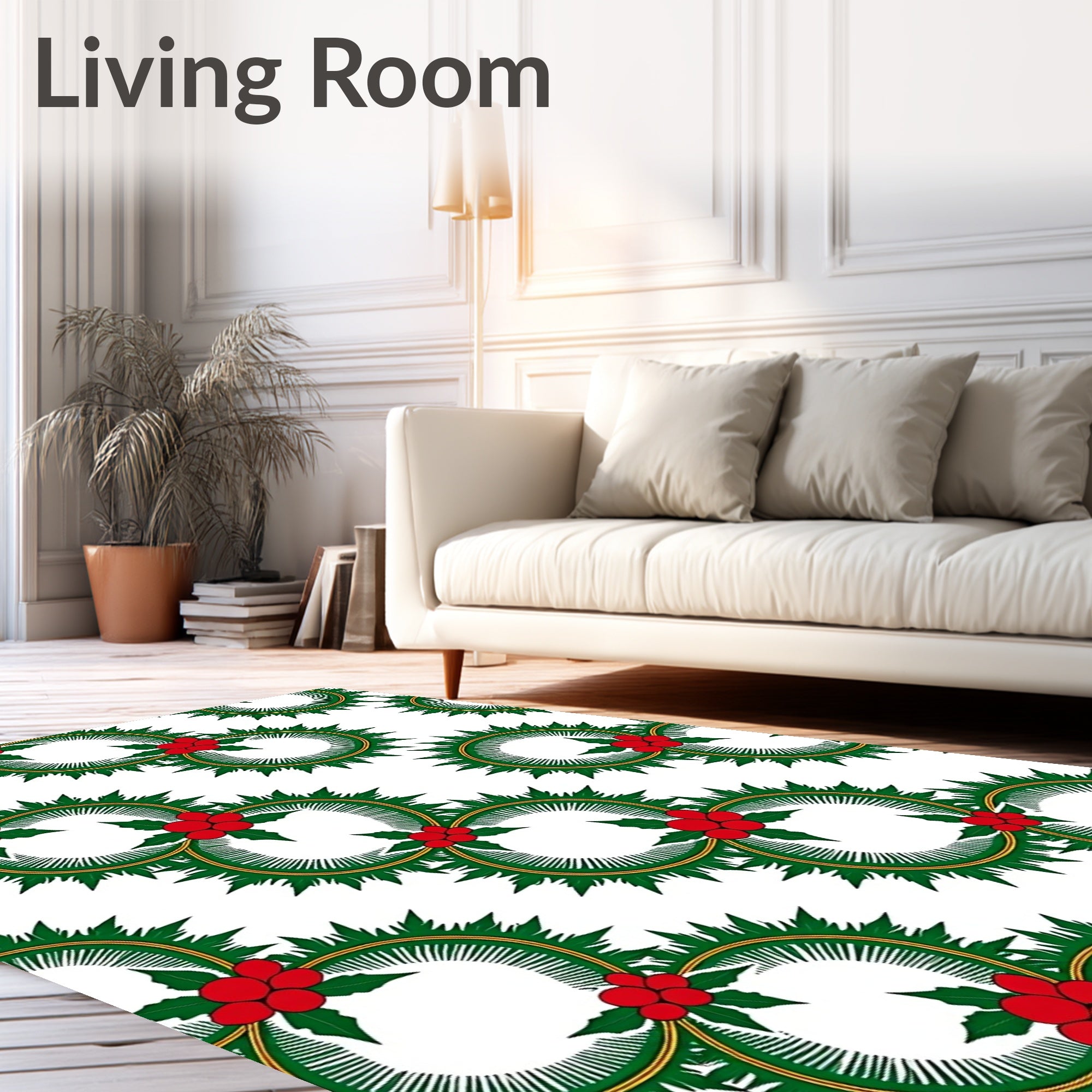 Green Holly Red Berry Wreath Circular Rug