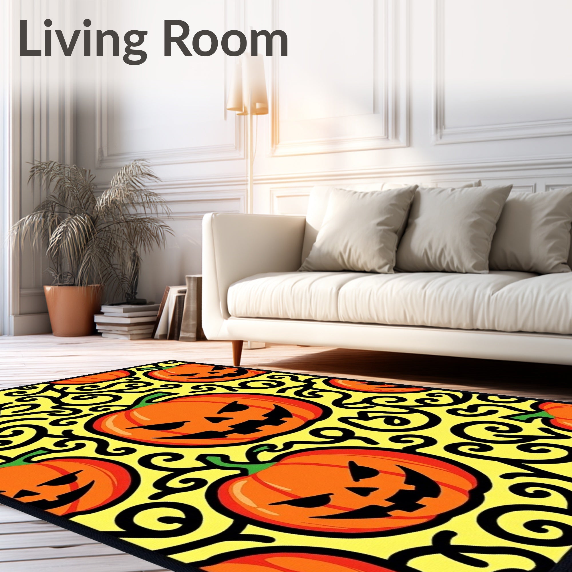 Spooky Orange Pumpkin Swirl Yellow Rug