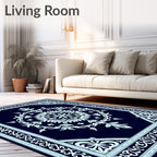 Dark Blue White Floral Medallion Border Rug