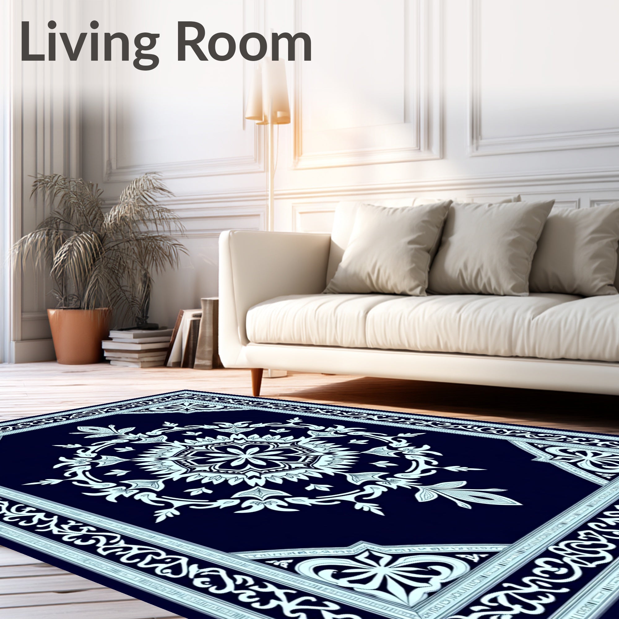 Dark Blue White Floral Medallion Border Rug