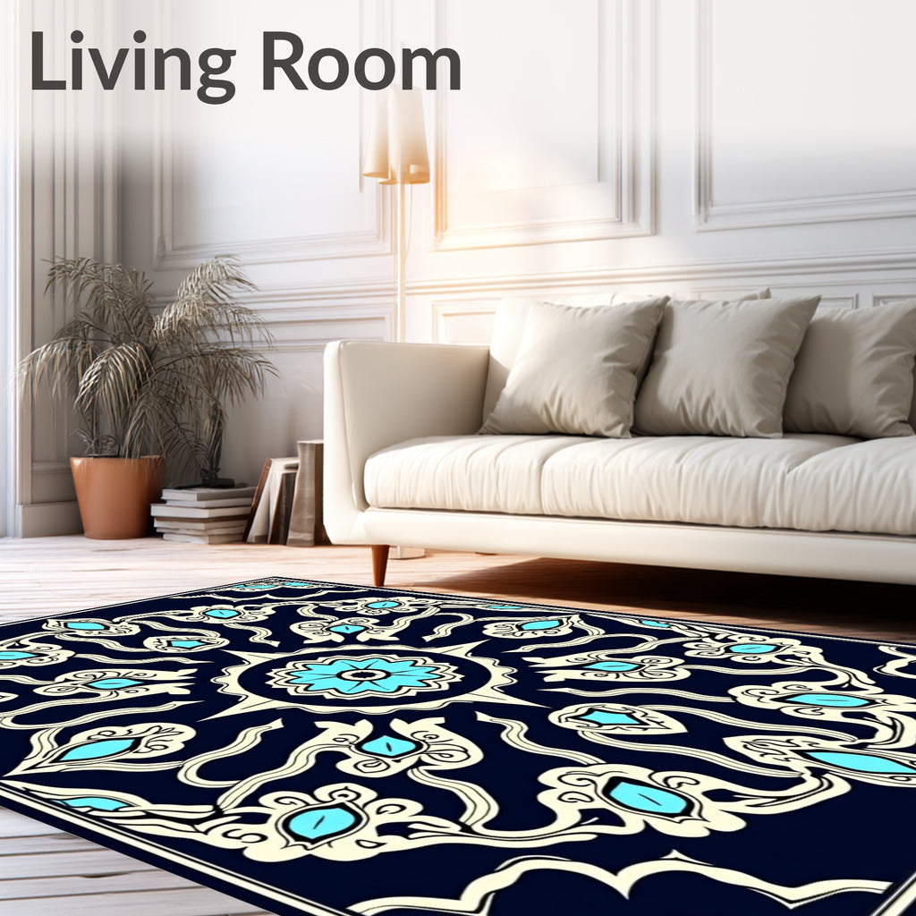 Deep Navy Blue Teal Floral Medallion Rug