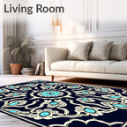 Deep Navy Blue Teal Floral Medallion Rug