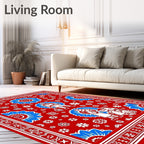 Crimson Red Blue Floral Whimsical Figures Rug