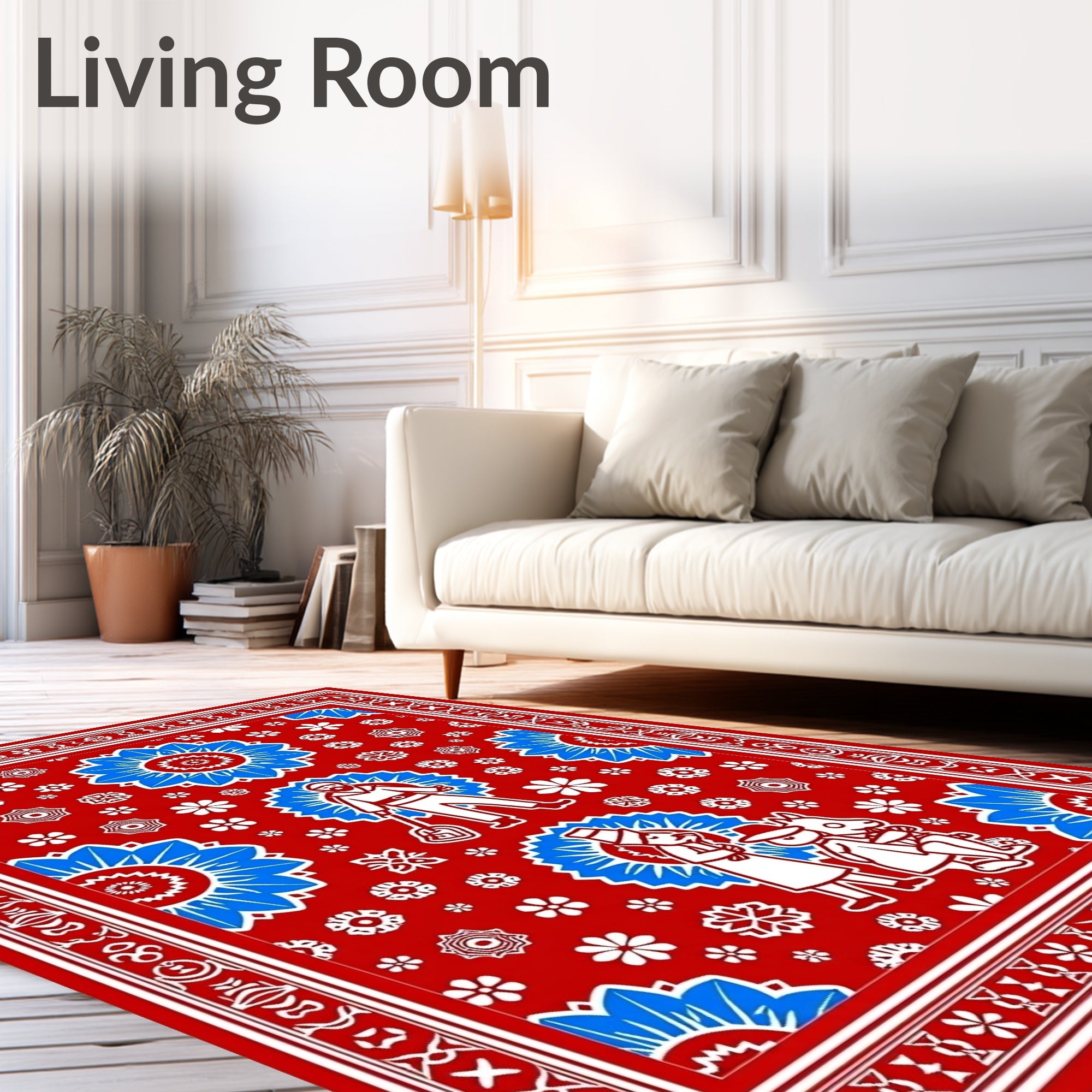 Crimson Red Blue Floral Whimsical Figures Rug