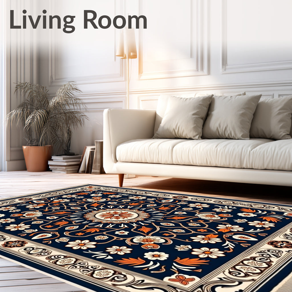 Navy Orange Floral Medallion Border Rug