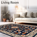 Navy Orange Floral Medallion Border Rug