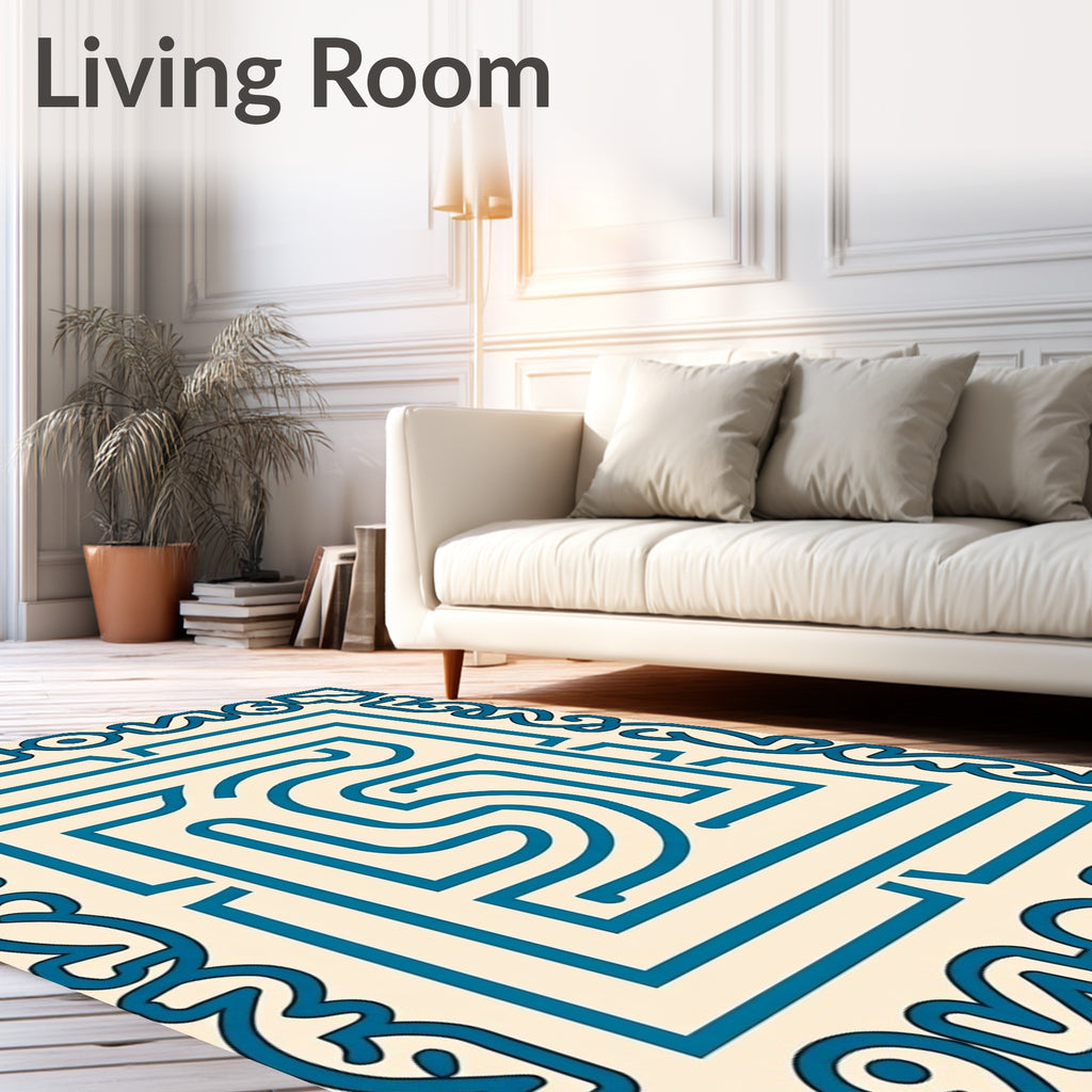 Retro Teal Maze Border Rectangle Rug