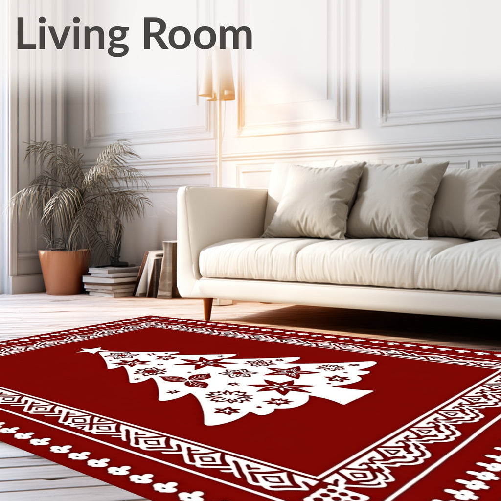 Crimson White Christmas Tree Border Rug