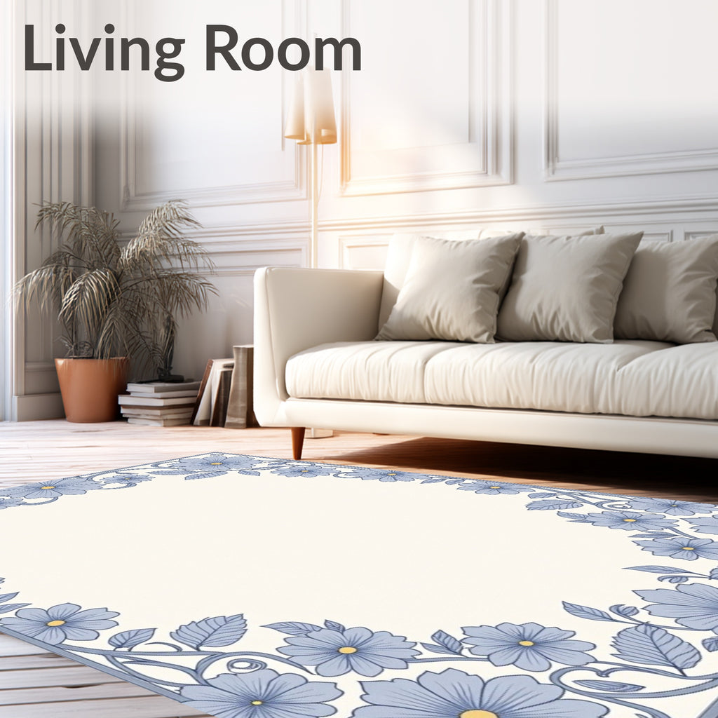 Soft Blue Floral Border Vines Rug