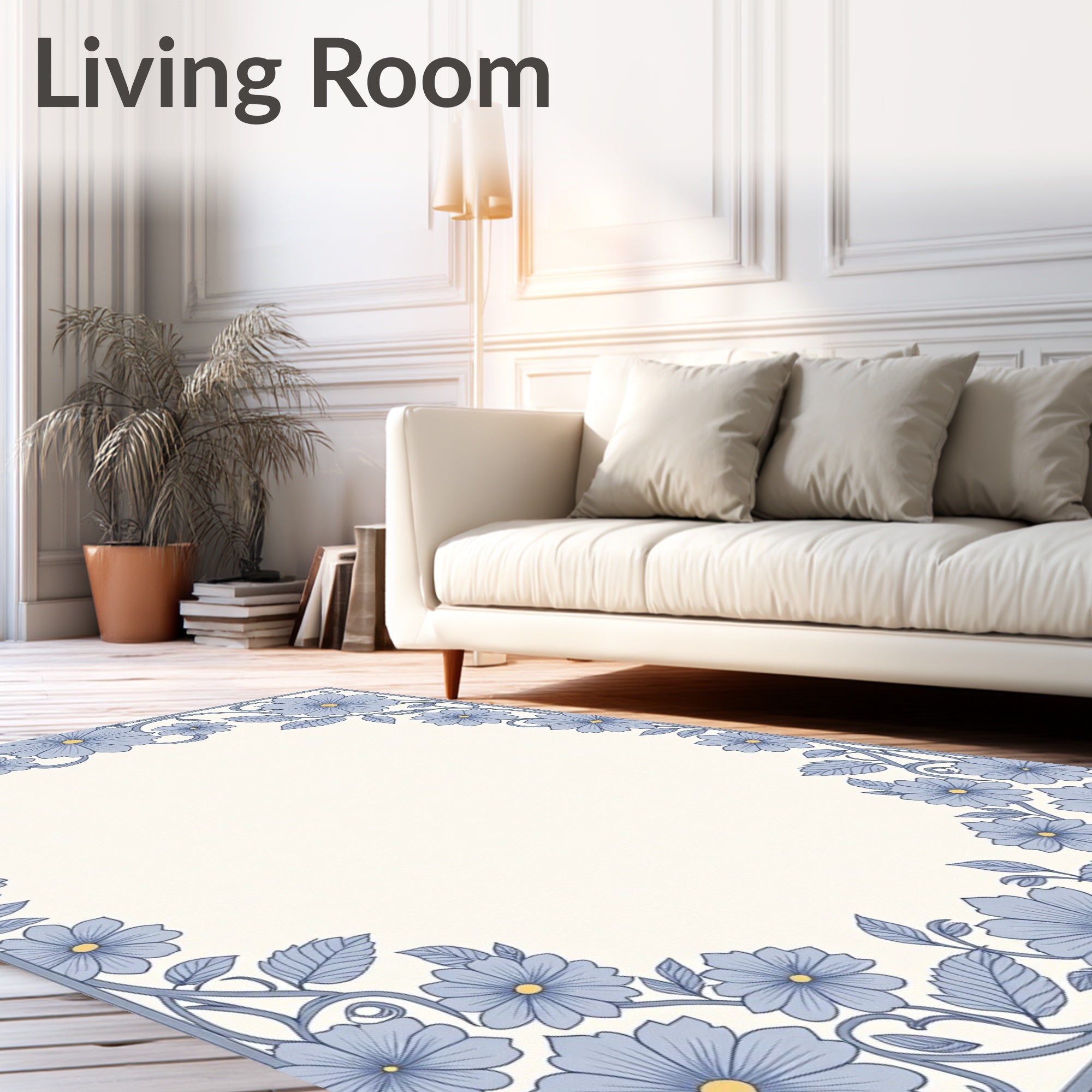 Soft Blue Floral Border Vines Rug