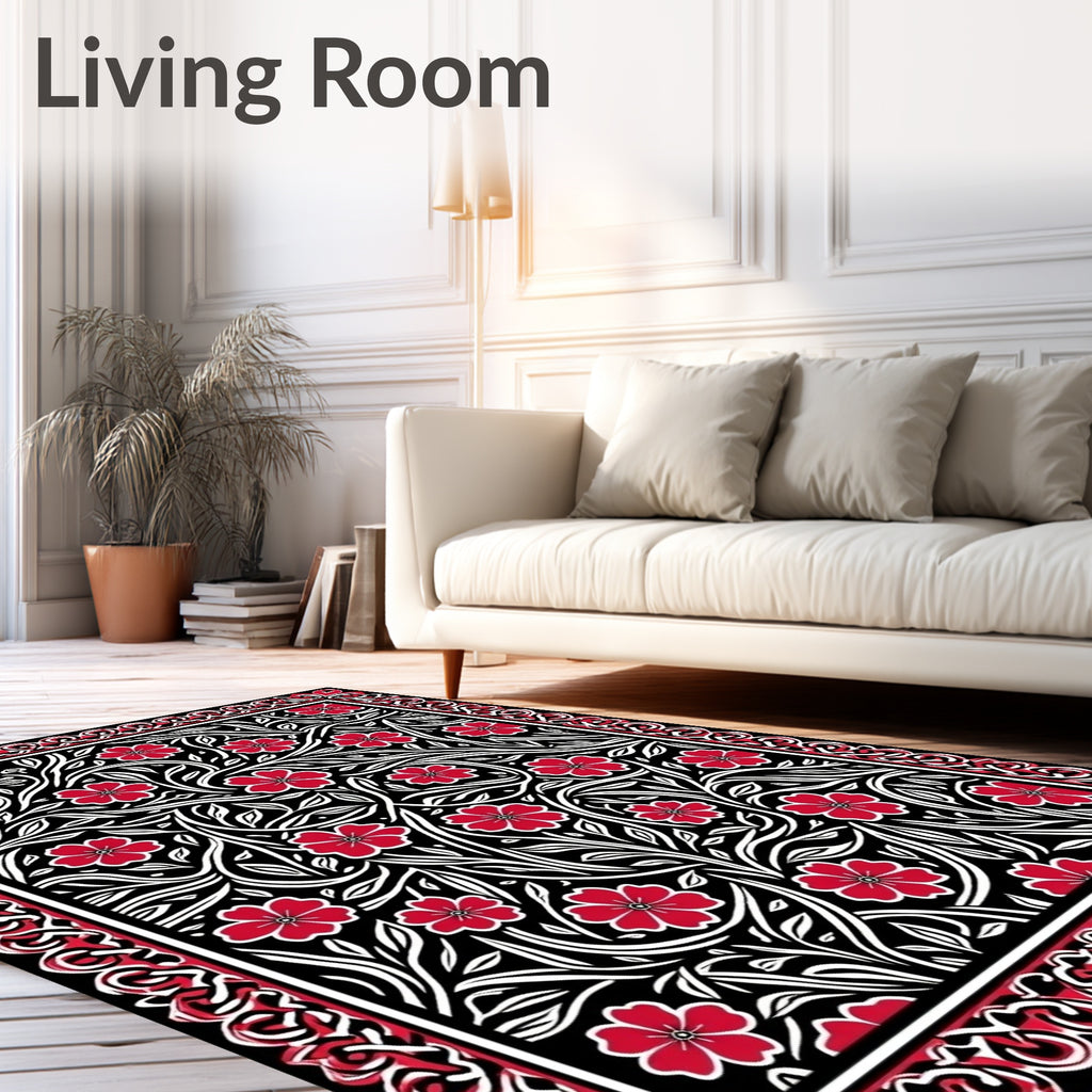 Black Crimson Floral Vine Border Rug