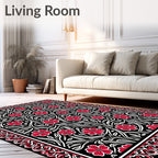 Black Crimson Floral Vine Border Rug