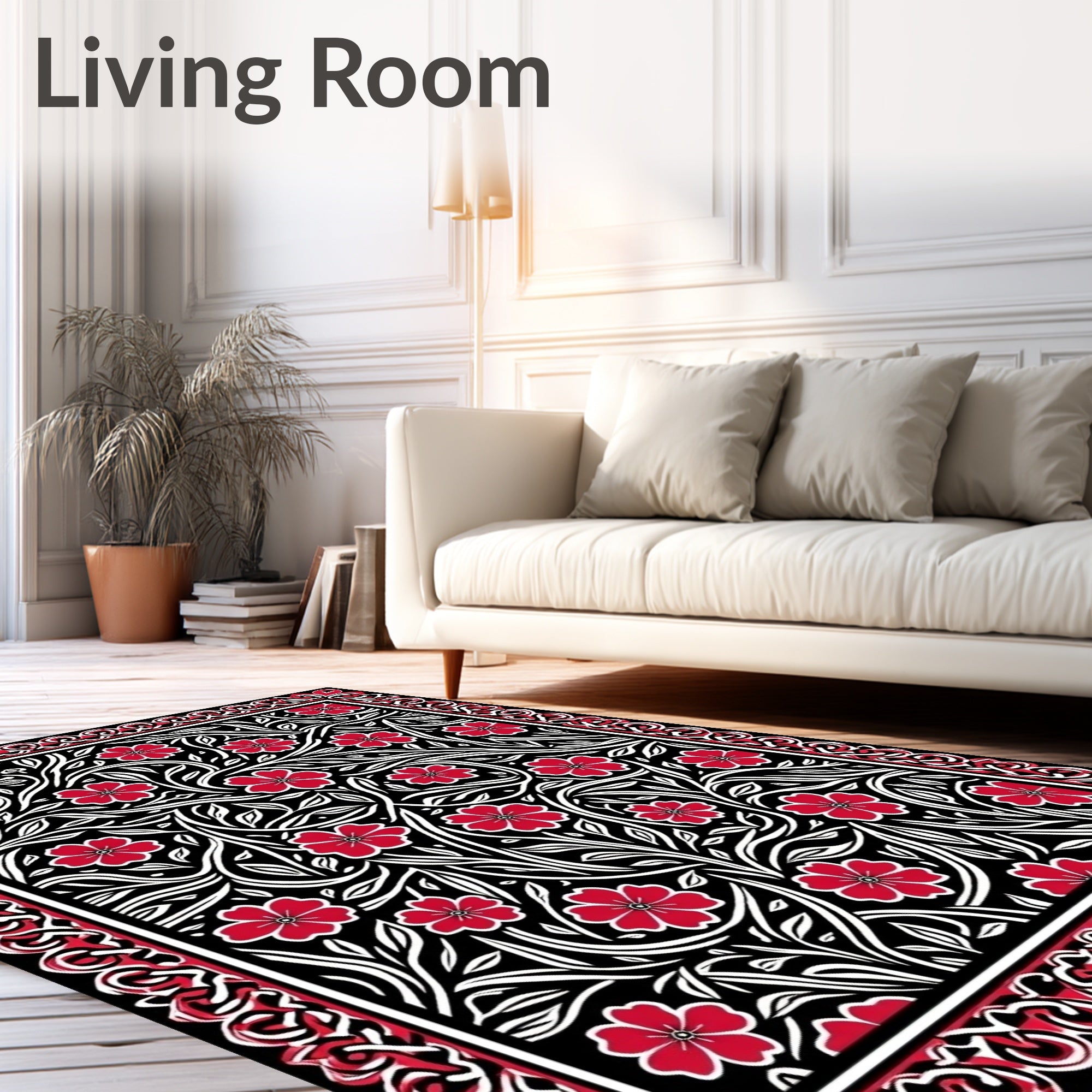 Black Crimson Floral Vine Border Rug