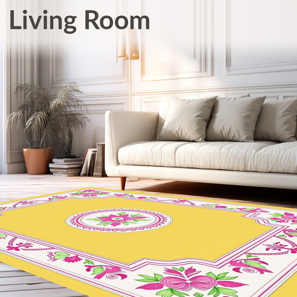 Vibrant Pink Floral Yellow Border Rug