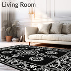 Black White Floral Medallion Frame Rug