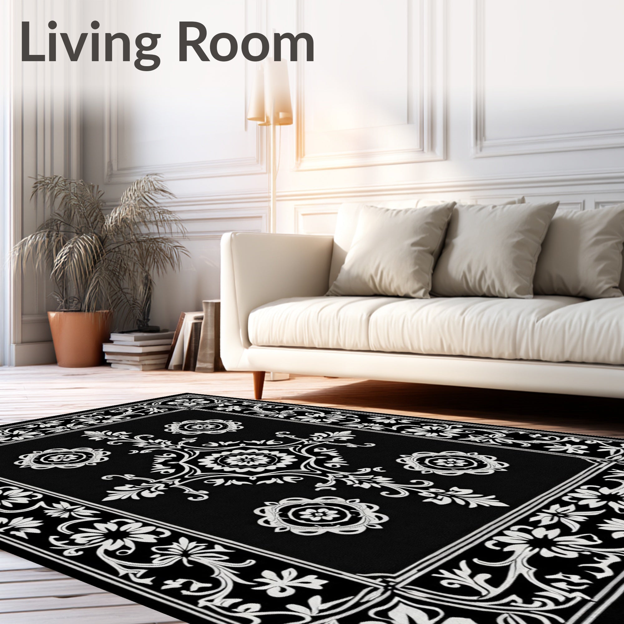 Black White Floral Medallion Frame Rug