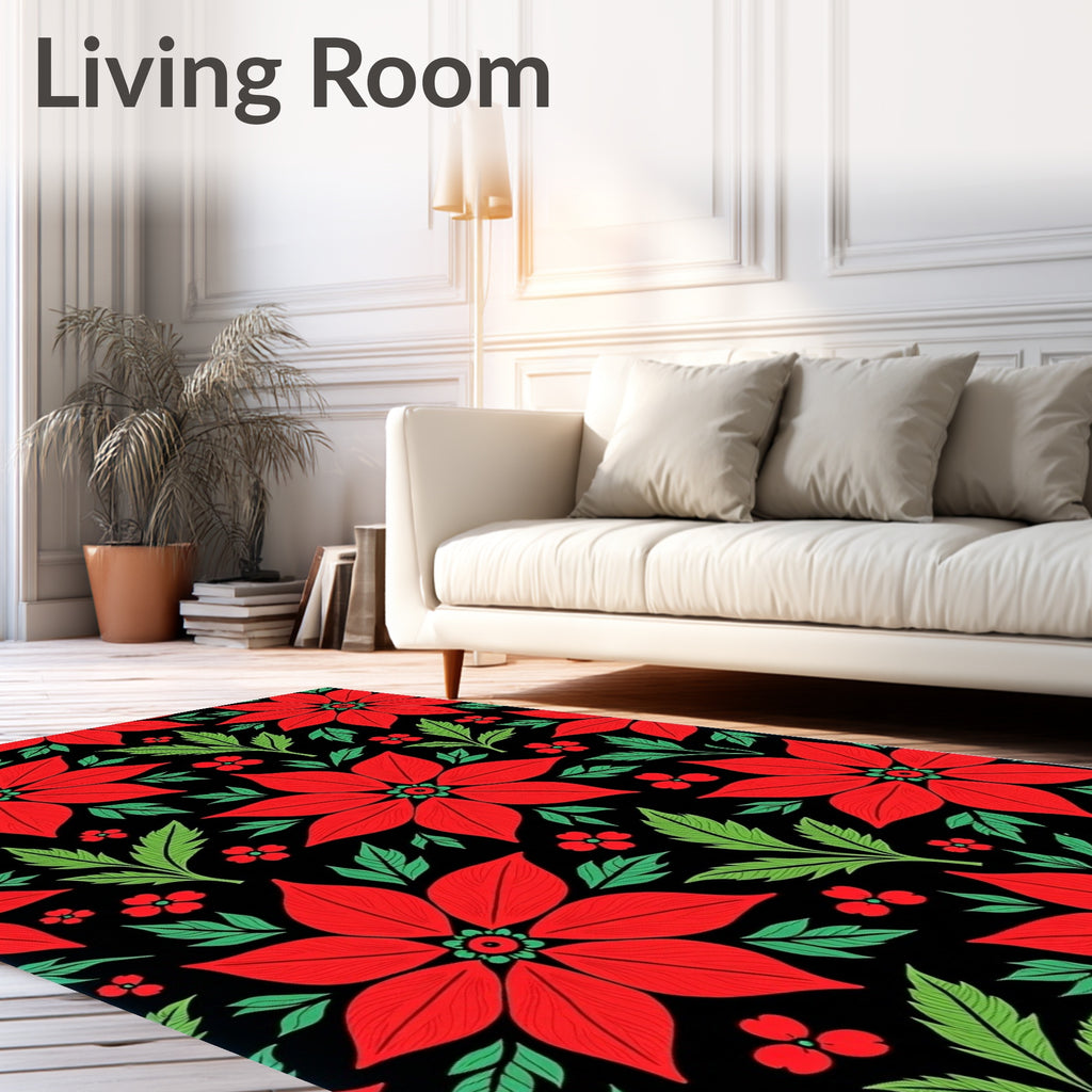 Red Poinsettia Floral Black Rug