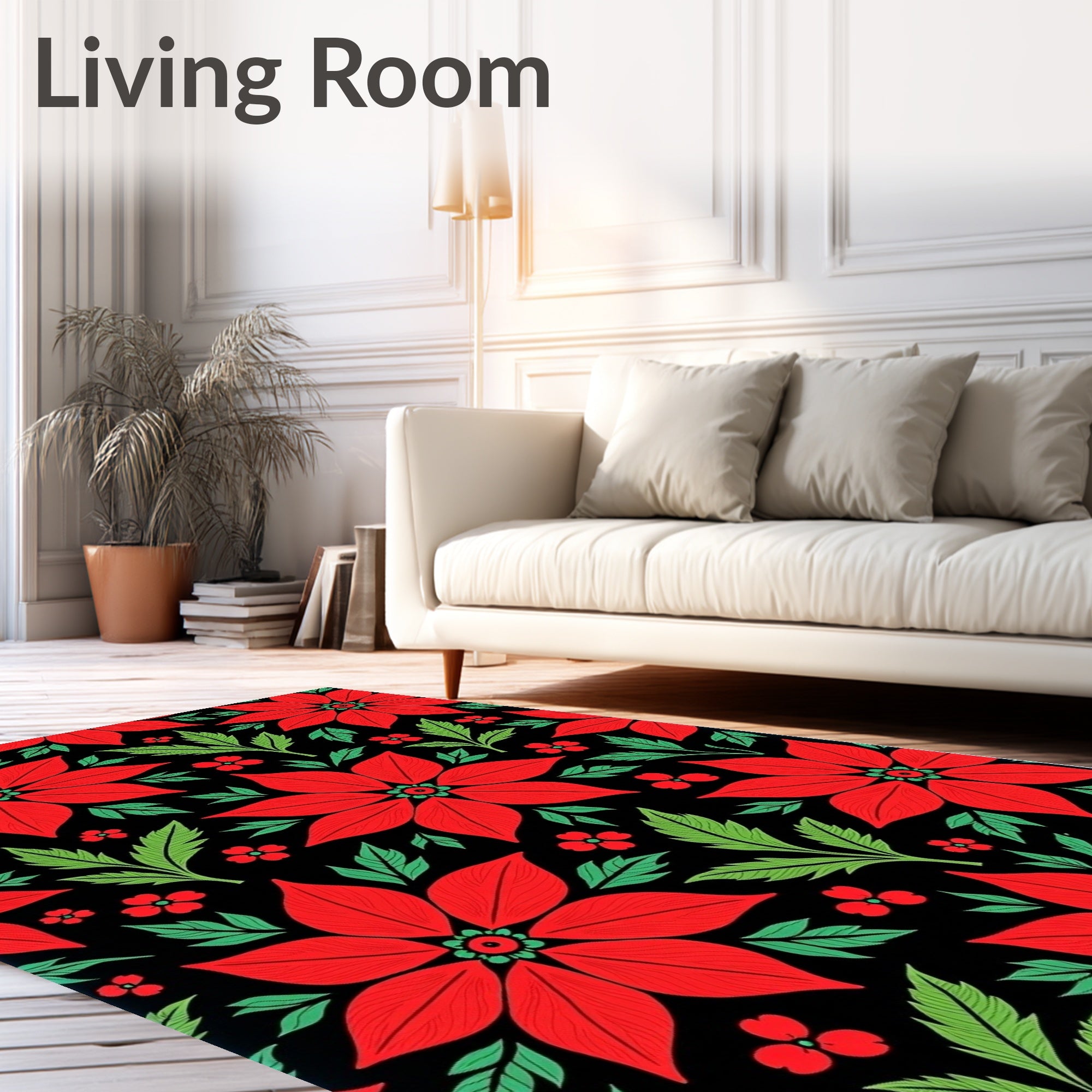 Red Poinsettia Floral Black Rug