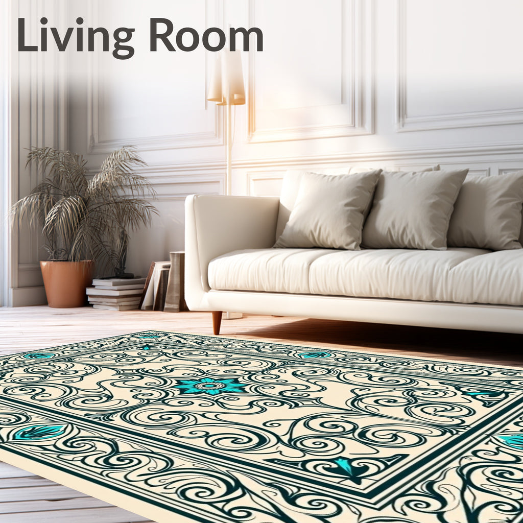 Teal Floral Scrollwork Cream Border Rug