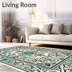 Teal Floral Scrollwork Cream Border Rug