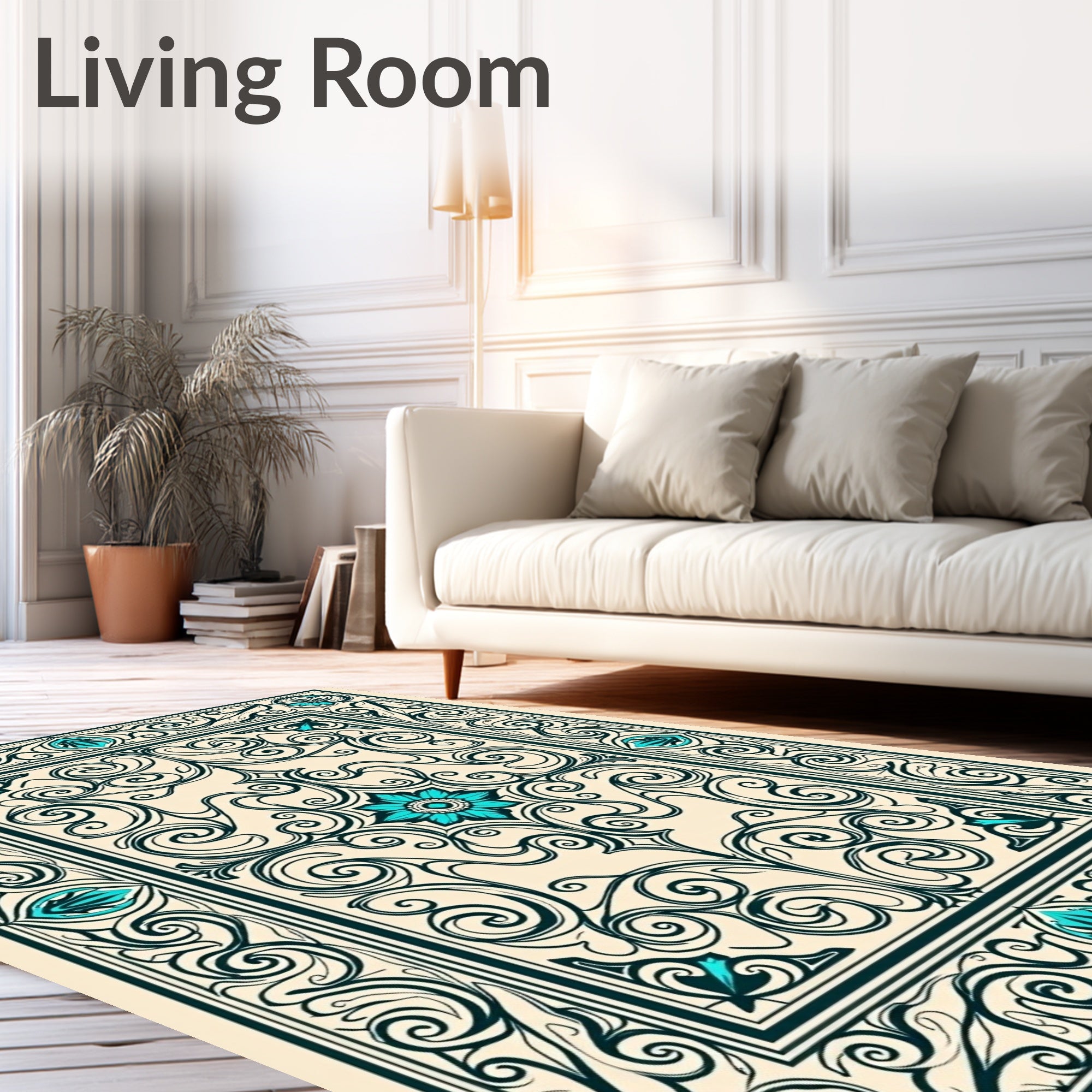 Teal Floral Scrollwork Cream Border Rug
