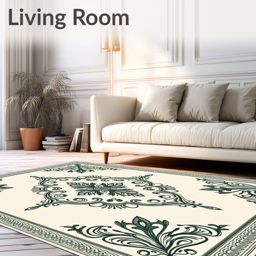 Dark Green Ornamental Scrollwork Medallion Rug