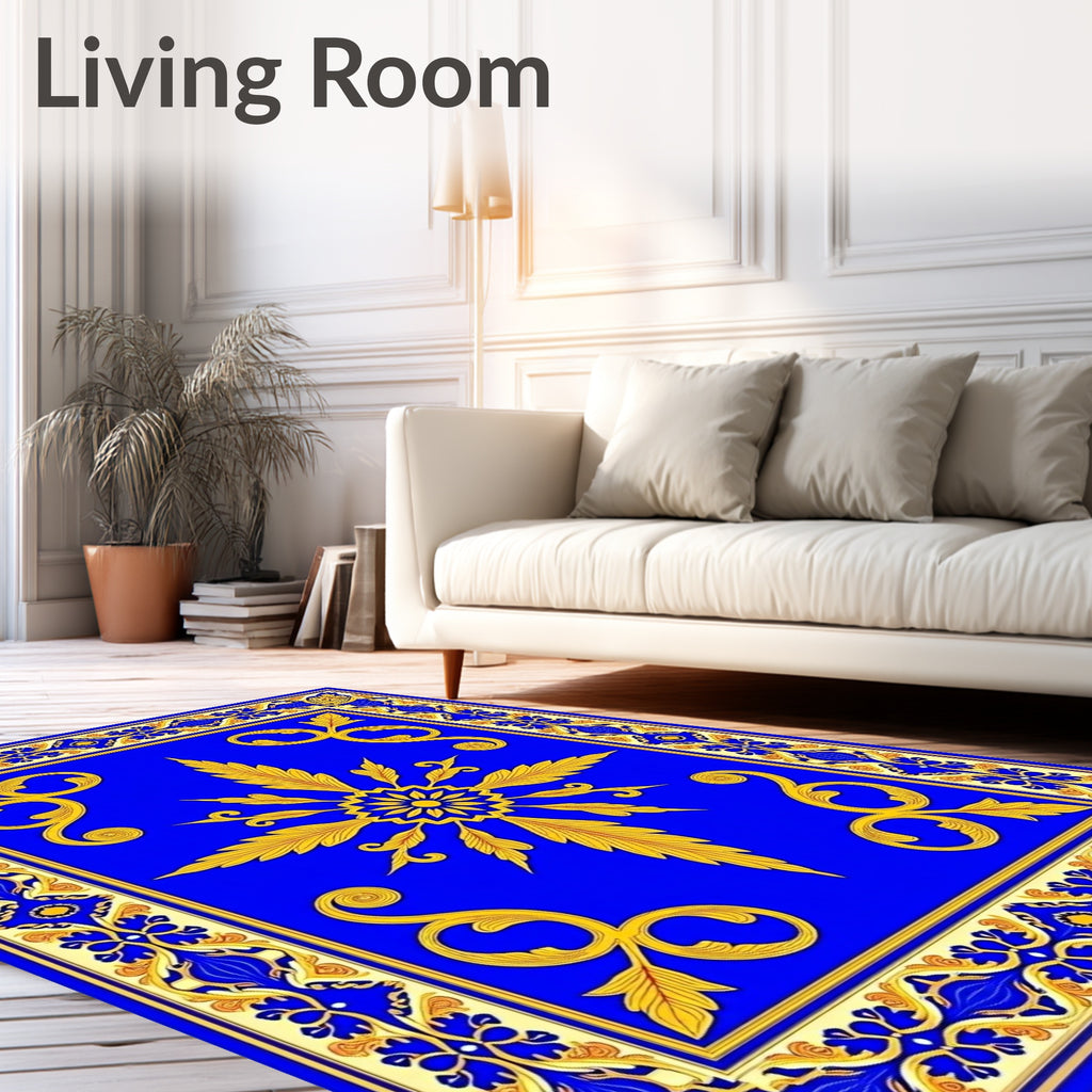 Royal Blue Golden Sunburst Scrollwork Rug