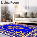 Royal Blue Golden Sunburst Scrollwork Rug