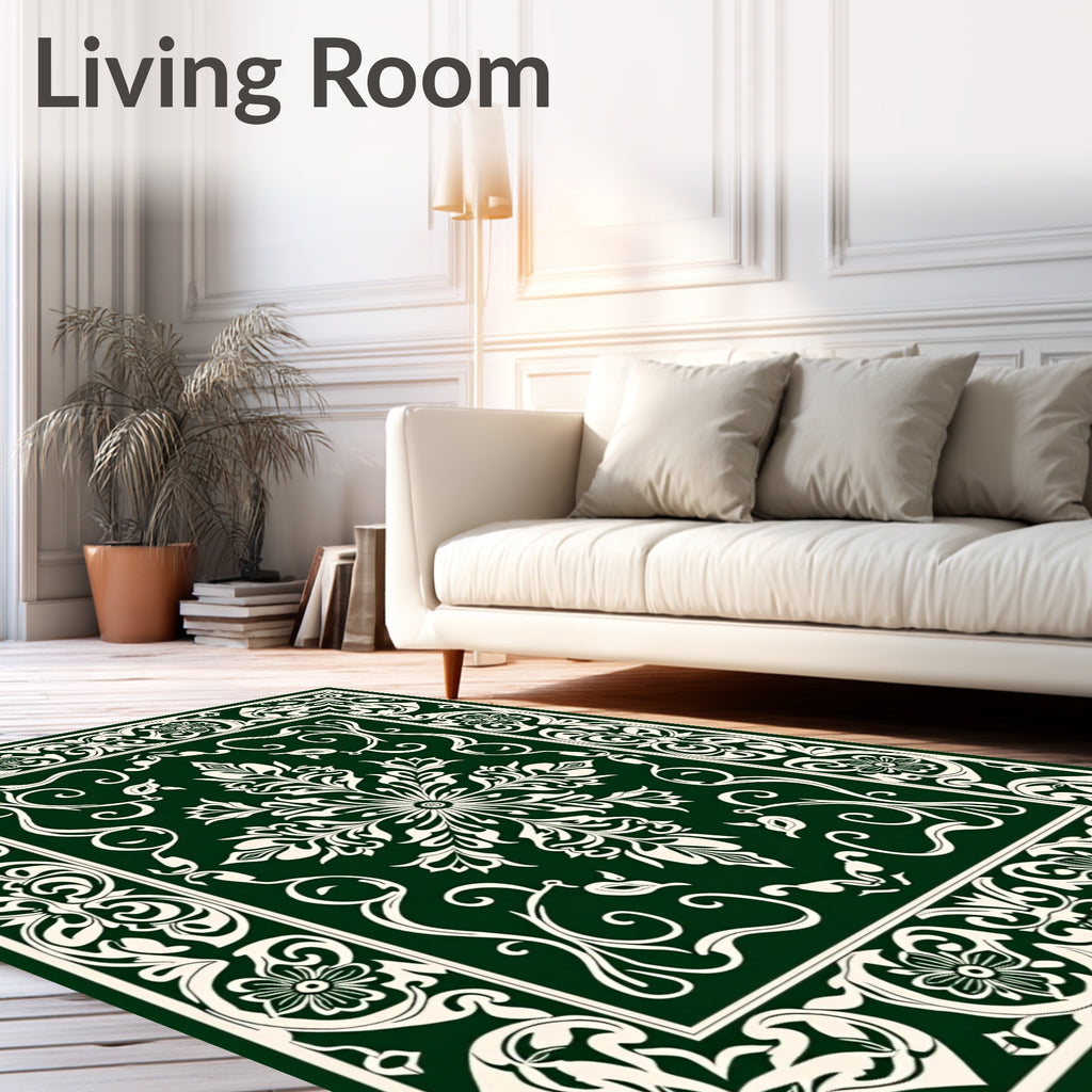 Deep Green White Floral Medallion Vine Rug