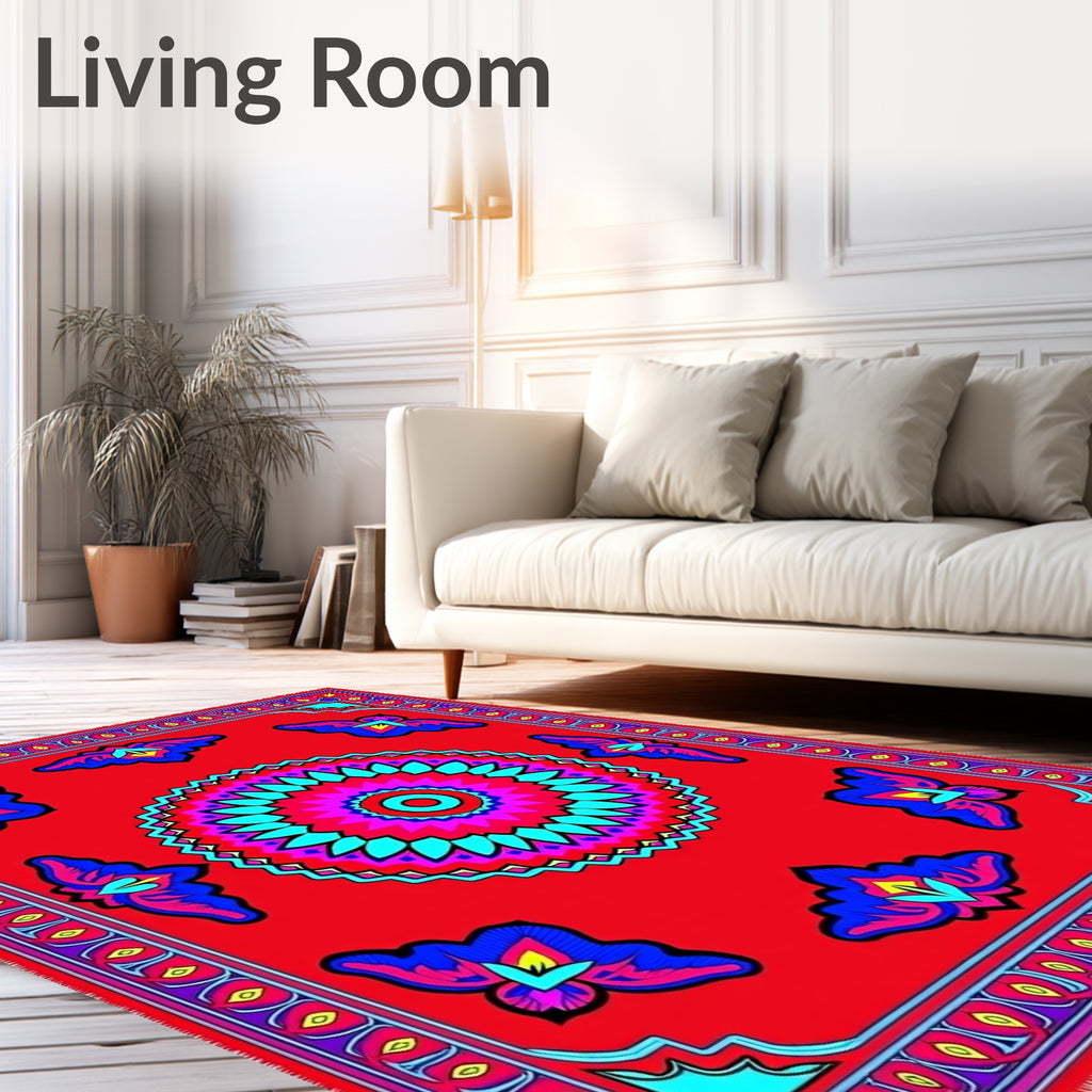 Vibrant Red Blue Mandala Floral Rug